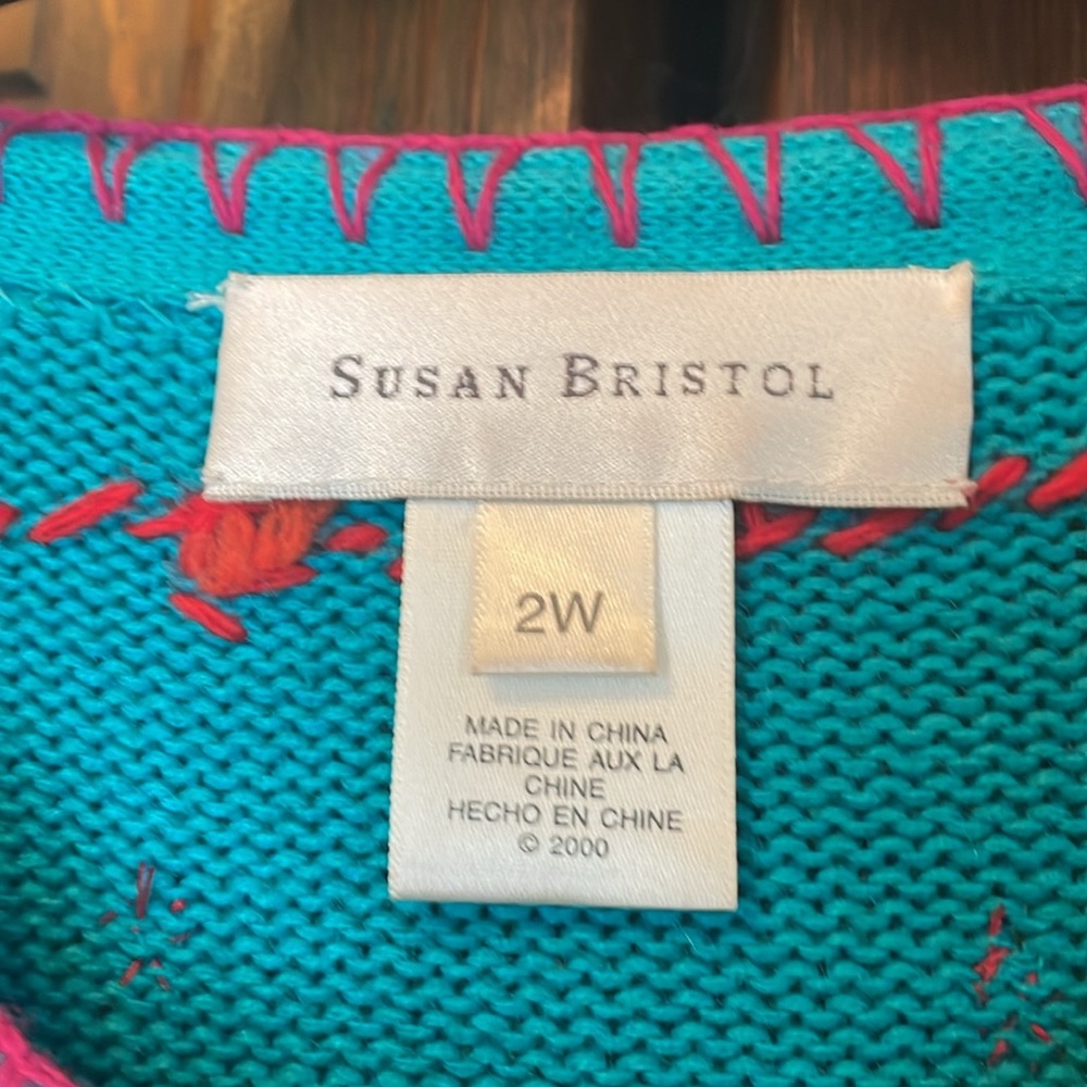 Susan Bristol Plus Size 2X Turquoise Blue Holiday Long Sleeve Cardigan Sweater - Picture 2 of 10